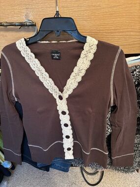 Tribal Brown Cardigan with Cream Lace Trim